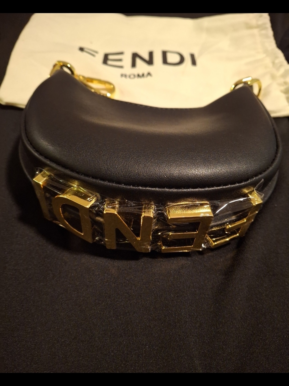 Fendi Black Mini Baguette with Gold Lettering